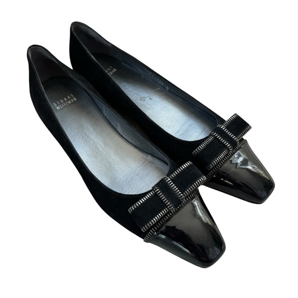 Stuart Weitzman Patent Leather and Suede Ballet  Bow Flats Black Sz 10.5 Narrow - Picture 1 of 11